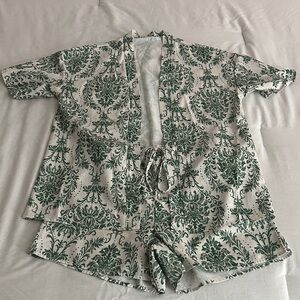 Green and White Patterned Shirt and Shorts Set
